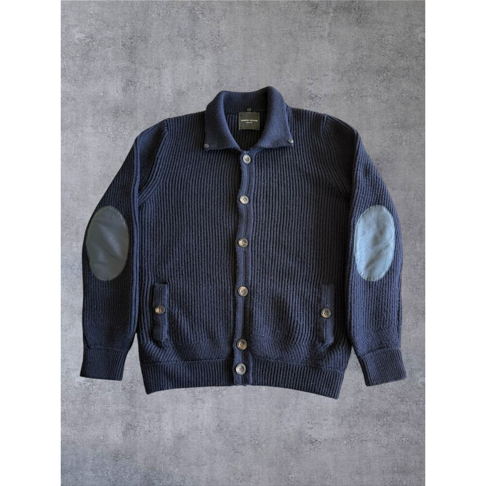 Roberto Collina Italy Navy Wool Ribbed Cardigan Leather Elbow Patches Men 52 Lrg